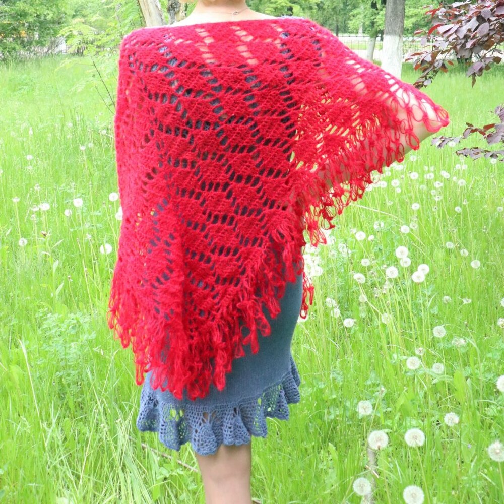 Handmade Crochet Red Shawl Triangle Wrap